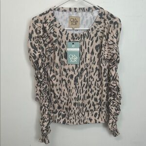 Chaser Beige Leopard-Print Ruffle Sleeve Top